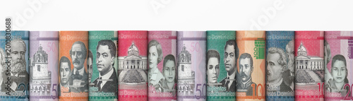 Canvastavla Close-up of Dominican Peso banknotes rolled in a row