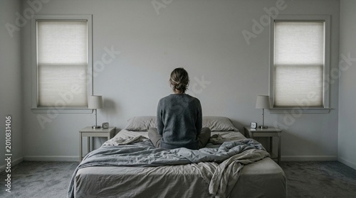 Foto Rear View of a Person Sitting on an Unmade Bed Facing a Blank Wall