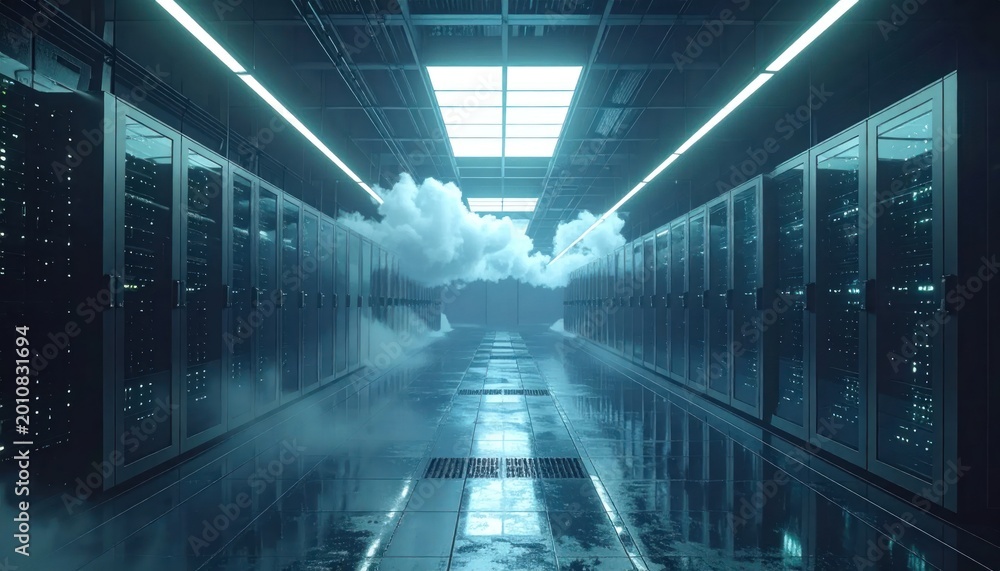 Fototapeta premium Futuristic Server Room with Cloud Computing Concept.