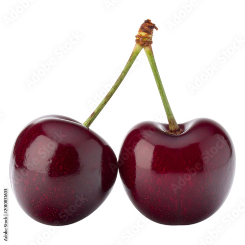 Two fresh dark red cherries with green stems and small leaf attached for healthy organic fruit concept and sweet dessert ingredient