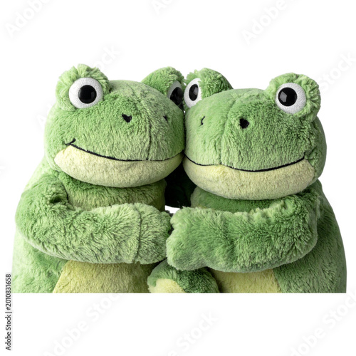 Adorable pair of green frog dolls hugging together with smiling faces for sweet friendship symbol and decorative toy illustration for children