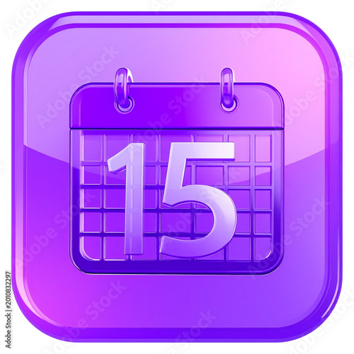 Purple 3D calendar icon with date 15 for mobile application schedule and monthly event planning or organizer software interface design for technology