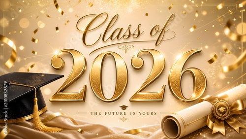Bright gold Class of 2026 graduation celebration with cap and certificate