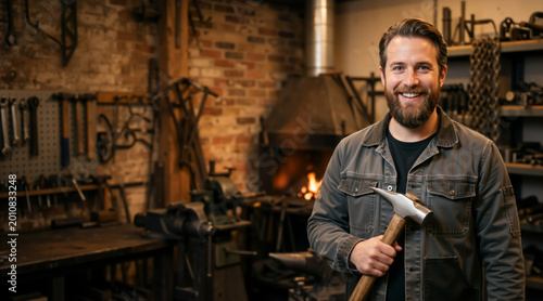 Portrait of a smiling bearded blacksmith holding a hammer in his workshop. Skilled artisan in a traditional metalworking shop with a glowing forge