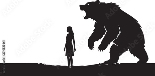 Картината върху платно Silhouette of a woman with a large roaring bear shadow, symbolizing inner streng