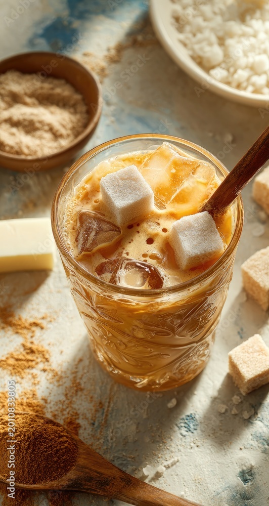 Fototapeta premium Iced, creamy drink with sugar cubes and ice