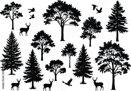 Assortment of black silhouette trees deer birds with silhouette wildlife woodland evergreen deciduous illustration environment wilderness landscape collection