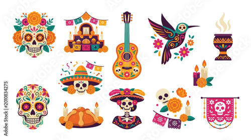 Billede på lærred Day of the Dead Celebration Elements Collection - Sugar Skulls, Guitar, Hummingbird, and More