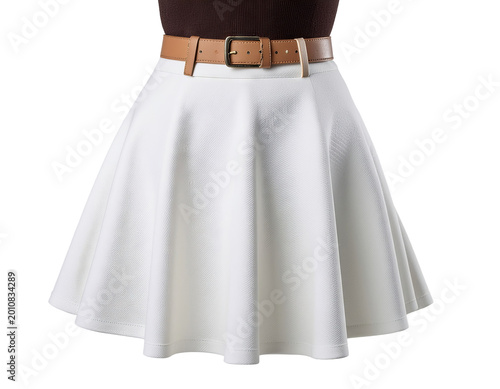 White Flared Skirt with Brown Leather Belt