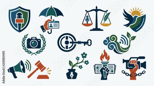 Photos Collection of diverse icons representing freedom of speech, press, justice, and human rights