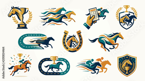 Tableau sur toile Collection of dynamic horse racing icons and emblems featuring horses, jockeys, trophies, and racing elements