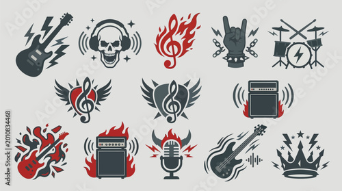 Photos Collection of rock and roll music icons featuring electric guitars, amplifiers, drums, microphones, skulls, flames, and rock hand gestures
