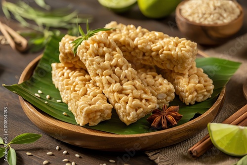 Delicious homemade crispy rice bars stacked on green banana leaf, studio shot with lime and spices.