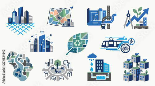 Canvastavla Collection of illustrations depicting smart city concepts, urban planning, sustainable development, and modern infrastructure