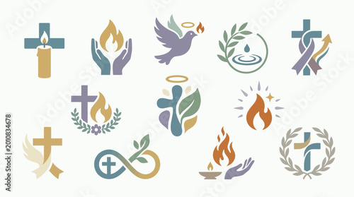 Foto Collection of Christian religious symbols and icons, including crosses, flames, doves, and olive branches