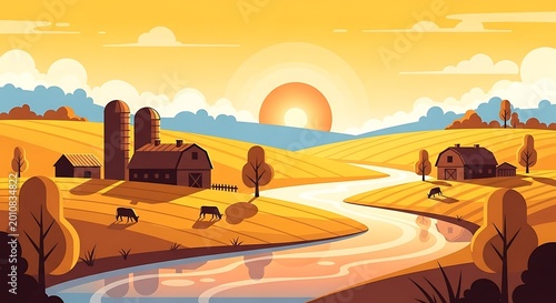 Serene Rural Landscape with Farm and River.