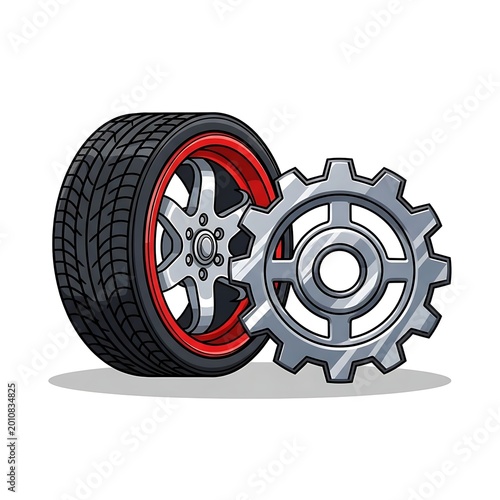 Cartoon Wheel with Red Trim and Gear Illustration on White
