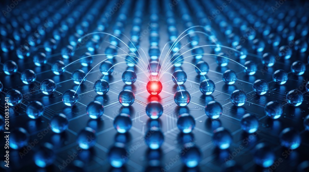 Fototapeta premium Fraud detection and anomaly alert concept featuring a red digital ledger node on a blue data grid.