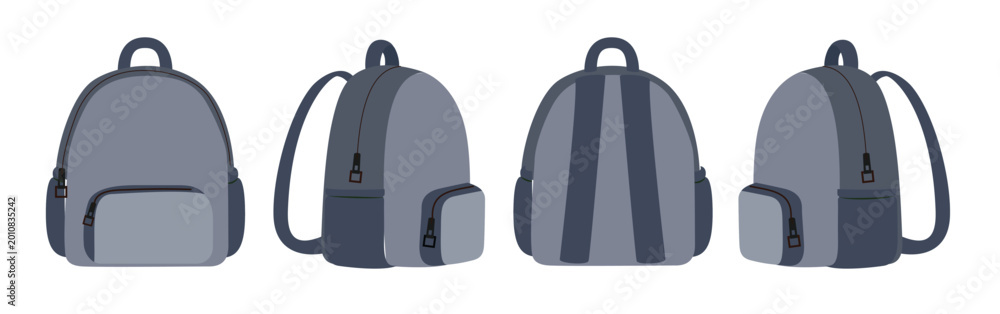 Fototapeta premium Grey Backpack Set from Different Angles Isolated on White Background Vector Illustration