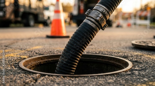 Drain cleaning professional uses a flexible camera hose to inspect a street sewer manhole.