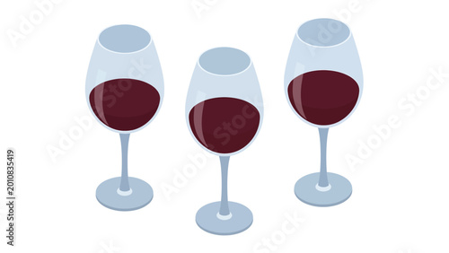 Isometric Red Wine Glasses Illustration. Vector art of three elegant glasses with red wine, isolated on white background.