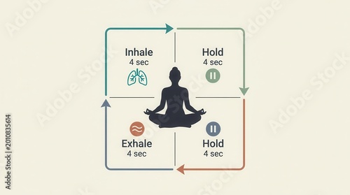 Infographic illustration of the box breathing meditation method with four stages.