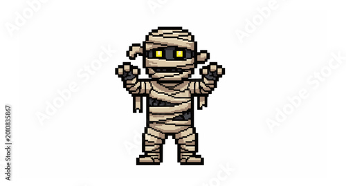 Retro pixel art mummy character in 16 bit style classic game sprite isolated on white background vector illustration