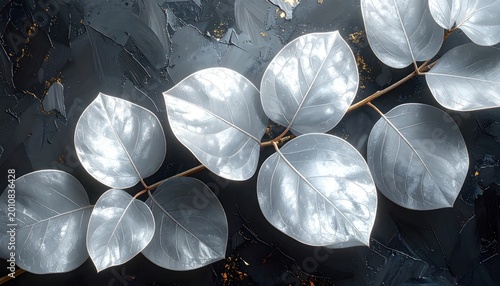 Close-up of Silver Leaves on a Dark Textured Background.