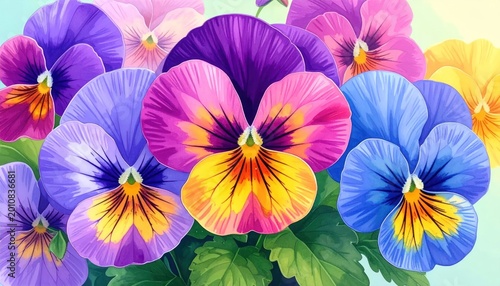 Vibrant Assortment of Colorful Pansy Flowers in Full Bloom.