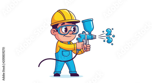 Foto Cartoon Construction Worker Painting with Spray Gun, Safety Gear, Blue Overalls