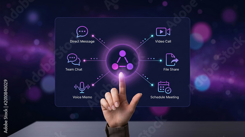 Digital communication interface with collaboration icons, futuristic virtual screen for remote work, neon glowing unified messaging dashboard