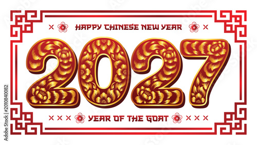 Bild auf Leinwand Chinese New Year 2027 Number Design with ornamental floral motifs and frame