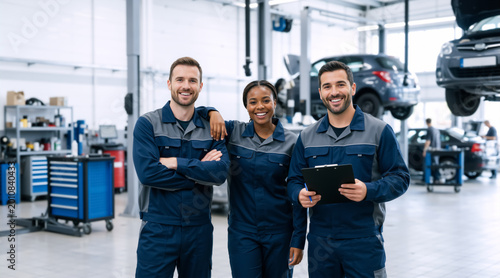 Diverse team of smiling auto mechanics standing in a modern car repair shop. Professional men and woman workers in blue uniforms holding a clipboard. Automotive service and teamwork concept