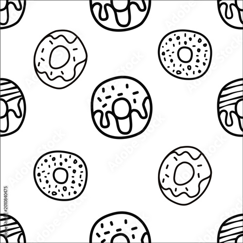Seamless donut pattern in minimalist outline style, featuring repeating hand-drawn doughnuts in black and white, creating a simple, clean, and decorative background