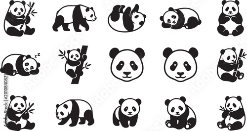 Photography Set of cute cartoon black and white animal icons featuring a cat, panda, bear, a