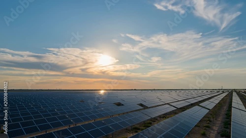 Vast Solar Farm Under Clear Sky with Sunlight Glowing on Horizon