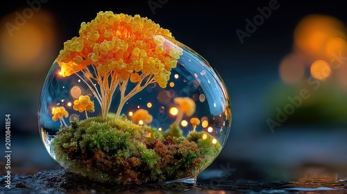 Miniature world tree with yellow leaves encased in a water bubble, moss below