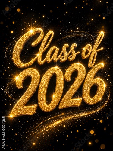 Glitter gold Class of 2026 graduation typography on black background