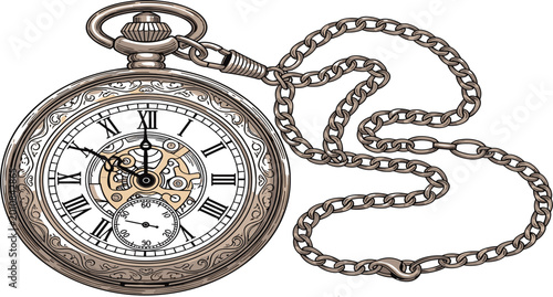 Картината върху платно Vintage Pocket Watch Illustration with Antique Engraved Case Roman Numerals and