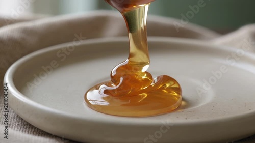 Pouring Golden Liquid Honey into Ceramic Bowl for Natural Sweetness
