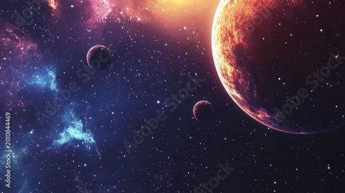Cosmic scene of planets and nebula with a vibrant universe background