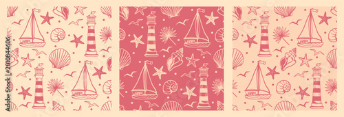 Pink pastel maritime seamless pattern set with seashells, seagulls, lighthouse, and sailboat. Hand-drawn coquette core design for fabric and coastal decor.