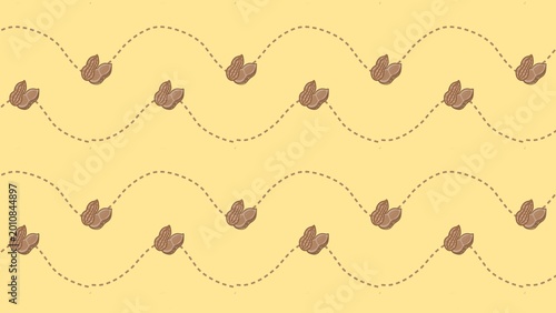 Photos A seamless pattern featuring hand-drawn peanuts arranged along a flowing wavy dashed line on a warm beige background