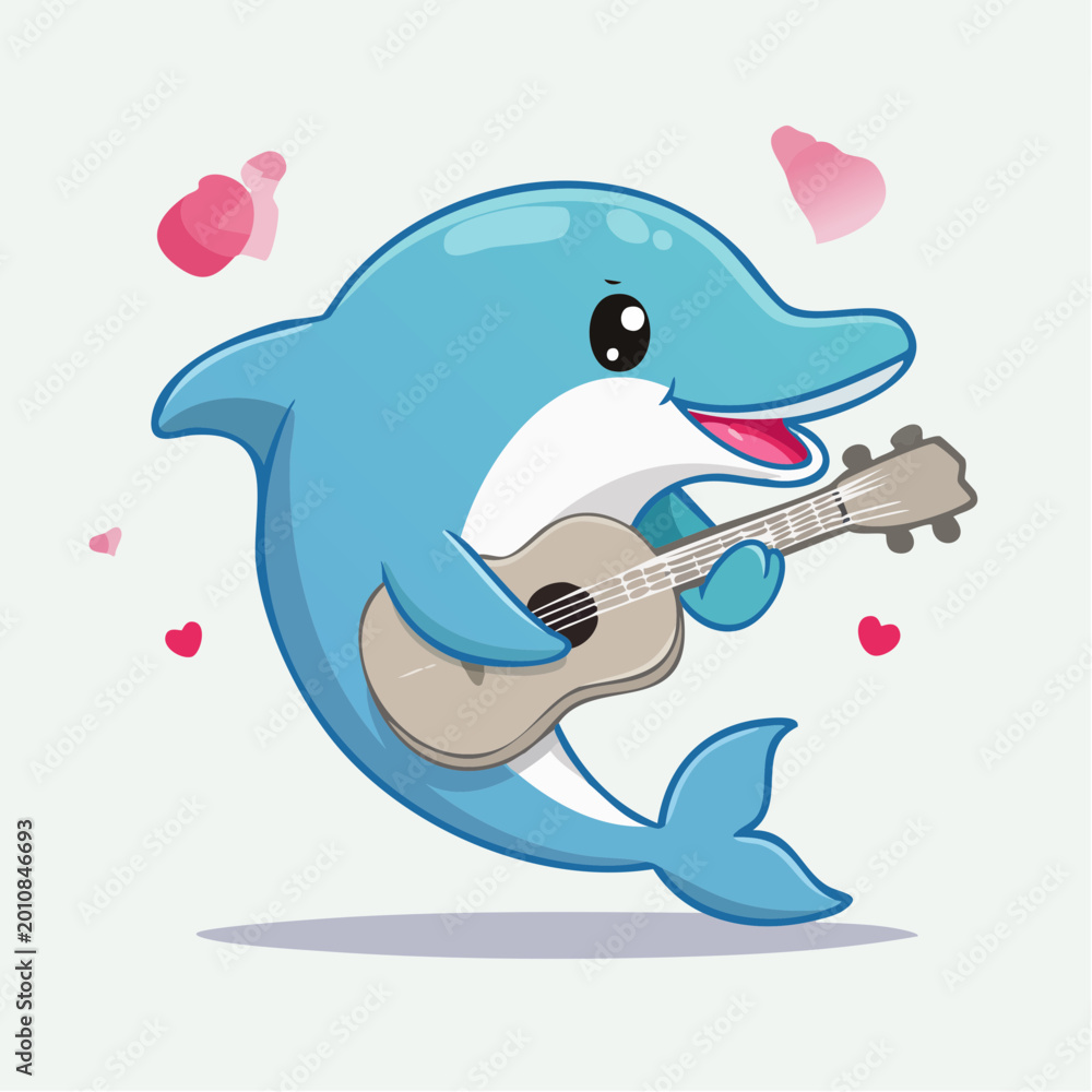 Obraz premium Cute cartoon dolphin playing guitar with hearts