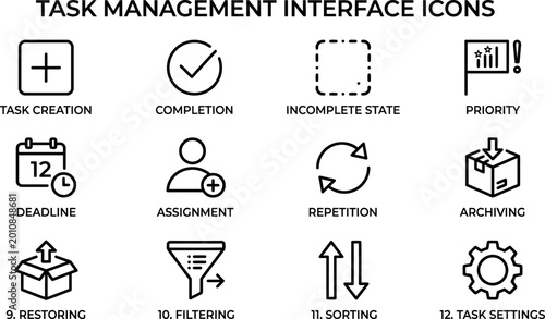 Task management interface icons set.