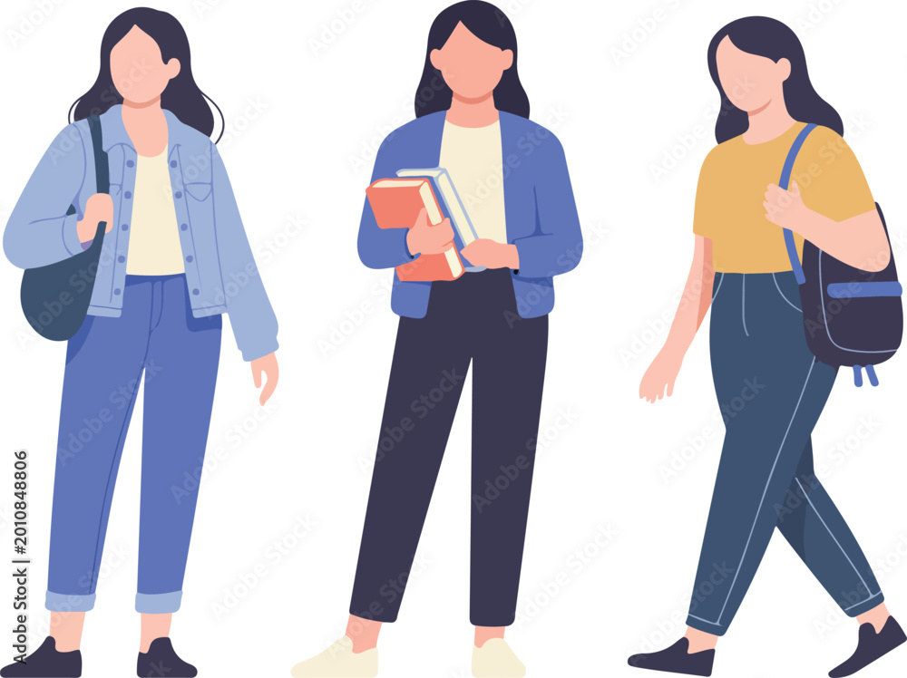 Fototapeta premium Flat vector illustration set of young female college students with backpacks and books, dressed in casual clothing for education and university concepts.