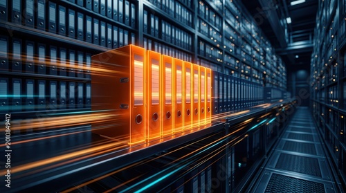 A row of glowing binders for legal hold, compliance, and e-discovery in digital asset organization.