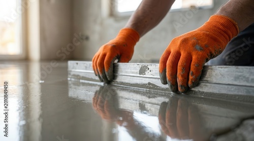 Professional worker spreading wet self-leveling compound on a concrete floor for surface preparation.