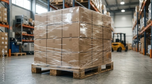A wrapped pallet with clear plastic film representing load protection for shipping.