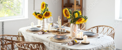 Vases with beautiful sunflo...